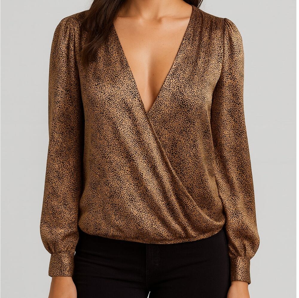 Sincerely Jules Large Satin Wrap Top Gold Brown Animal Print Top